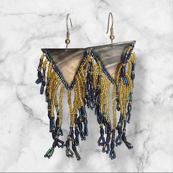 Vintage Big Abalone Shell Glass Seed Bead Chandelier Earrings 4" - Picture 2 of 10